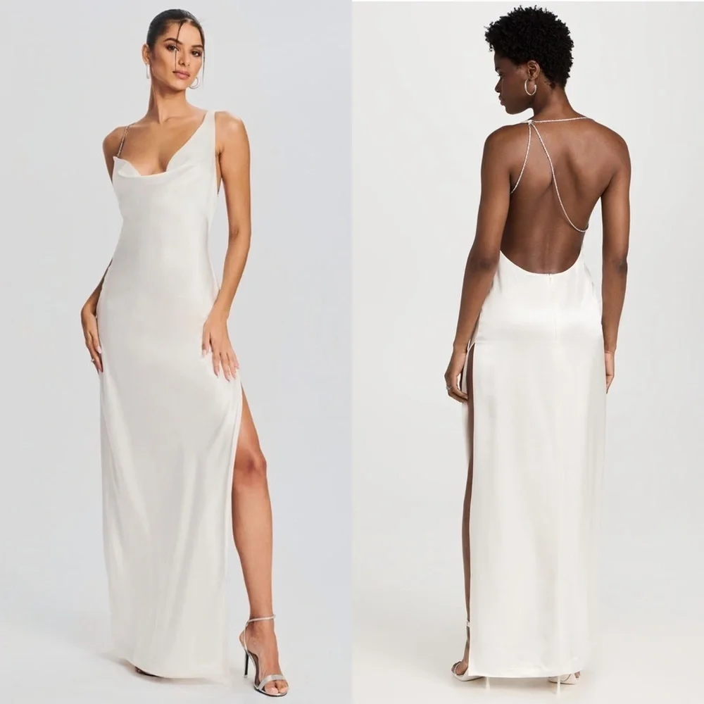 NWT RETROFETE Satin Asymmetric Crystal Chain Strap Draped Neck Open Back Gown S - Picture 3 of 13